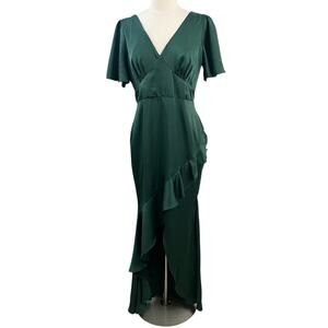 Lulus Eternal Bond Emerald Satin Ruffled Flutter Sleeve Maxi Dress XL NWT